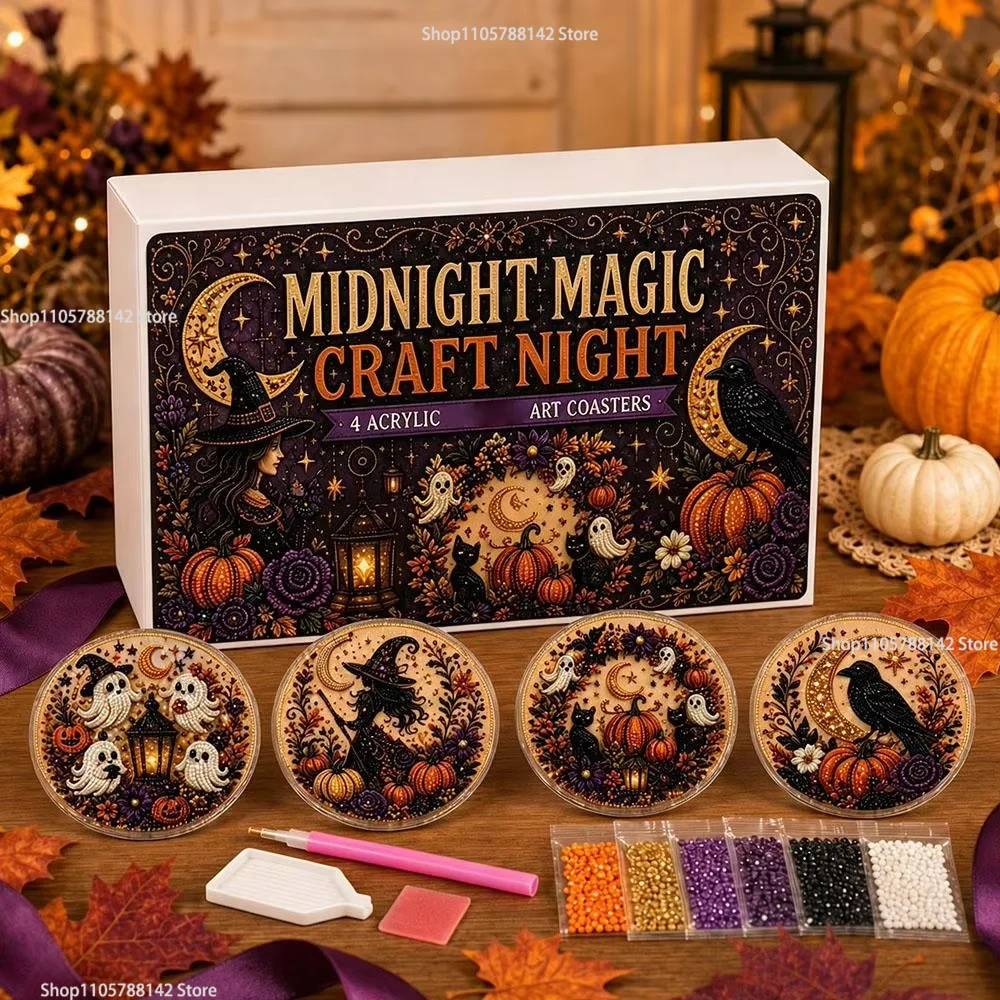 Halloween Diamond Paintings Coasters Kits Set,DIY Beads Craft Kit for Adults Beginner Creative Round DIY Coaster Set Dot Present
