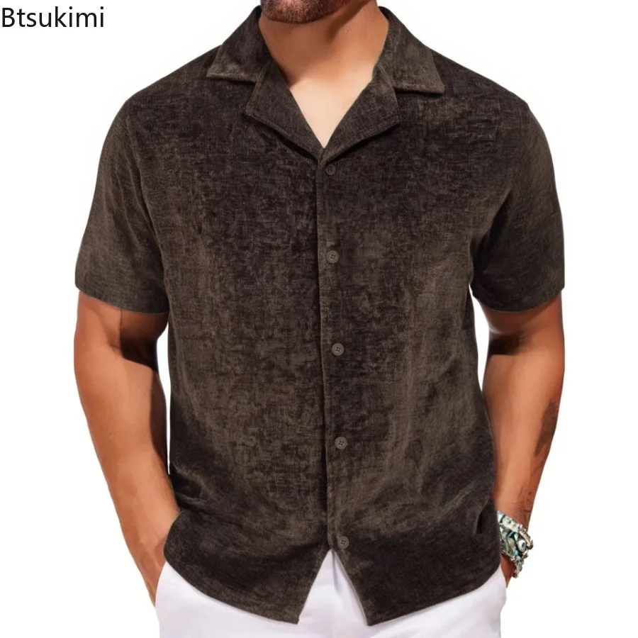 New 2025 Men's Summer Top Textured Suit Collar Short Sleeve Shirt for Men Fashion Streetwear Casual Loose Solid Color Shirt Male