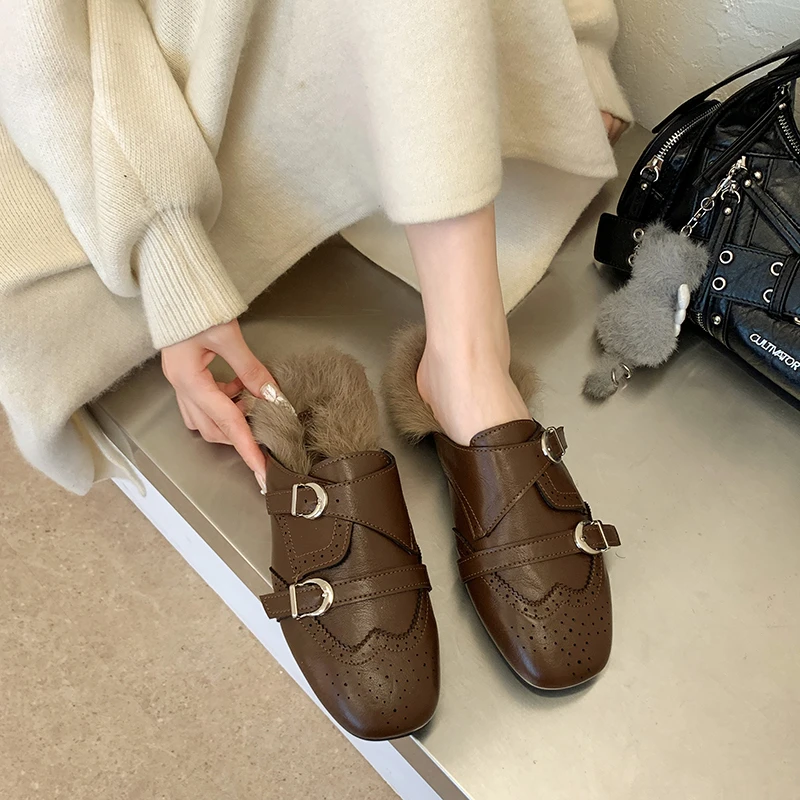 2026 Autumn Winter New Flat Fleece-Lined Open-Toe Slip-On Half Back Women's Shoes Casual One-Step-On Design Slippers Size 35-40