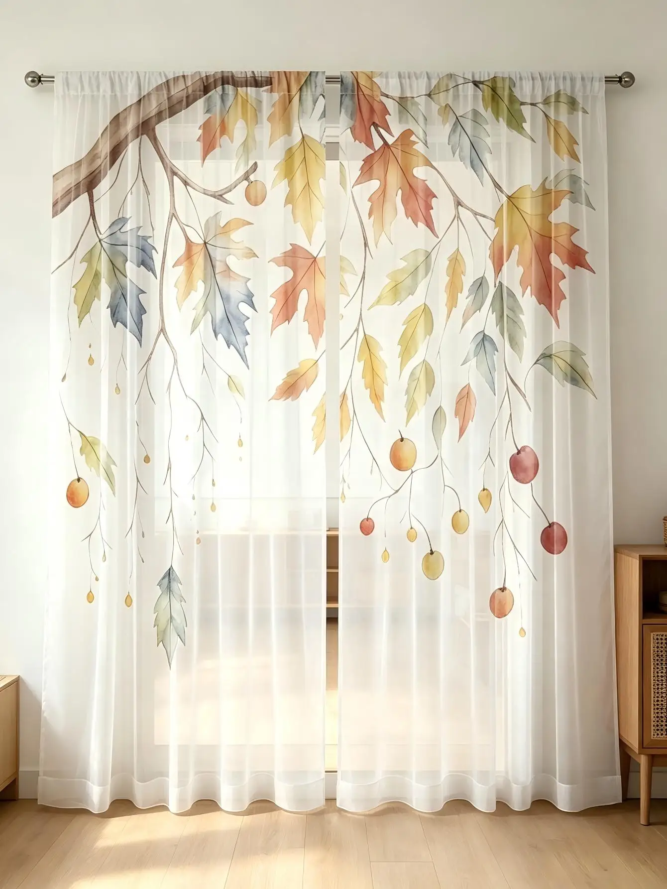 2PCS Digital Print Sheer Curtain, Watercolor Hanging Maple Leaf Fall Autumn Window Drapes for Living Room Bedroom Home Decor