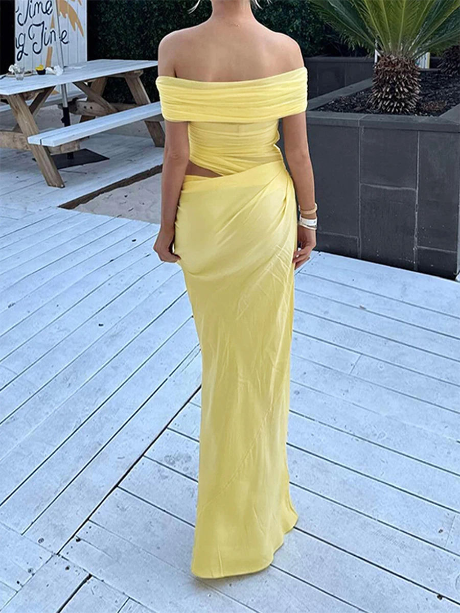Mulheres sexy recorte ruched vestido longo cor sólida barco pescoço fora do ombro bodycon vestido verão moda praia vestidos de festa