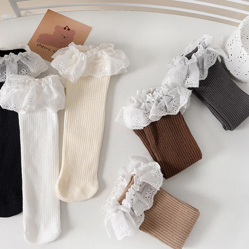 

Retro Princess Lace Socks Korean Girls Long Tube Sock 3-12year Children Coffee Color Knit Cotton Stockings Autumn Kids Footwear
