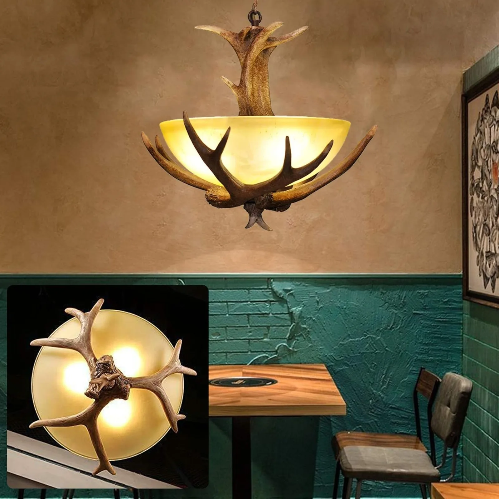 

Antler Vintage Chandelier Deer Horn 3 Lights Vintage Style Frosted Glass Bowl Lamp,Rural Countryside Antler Chandeliers