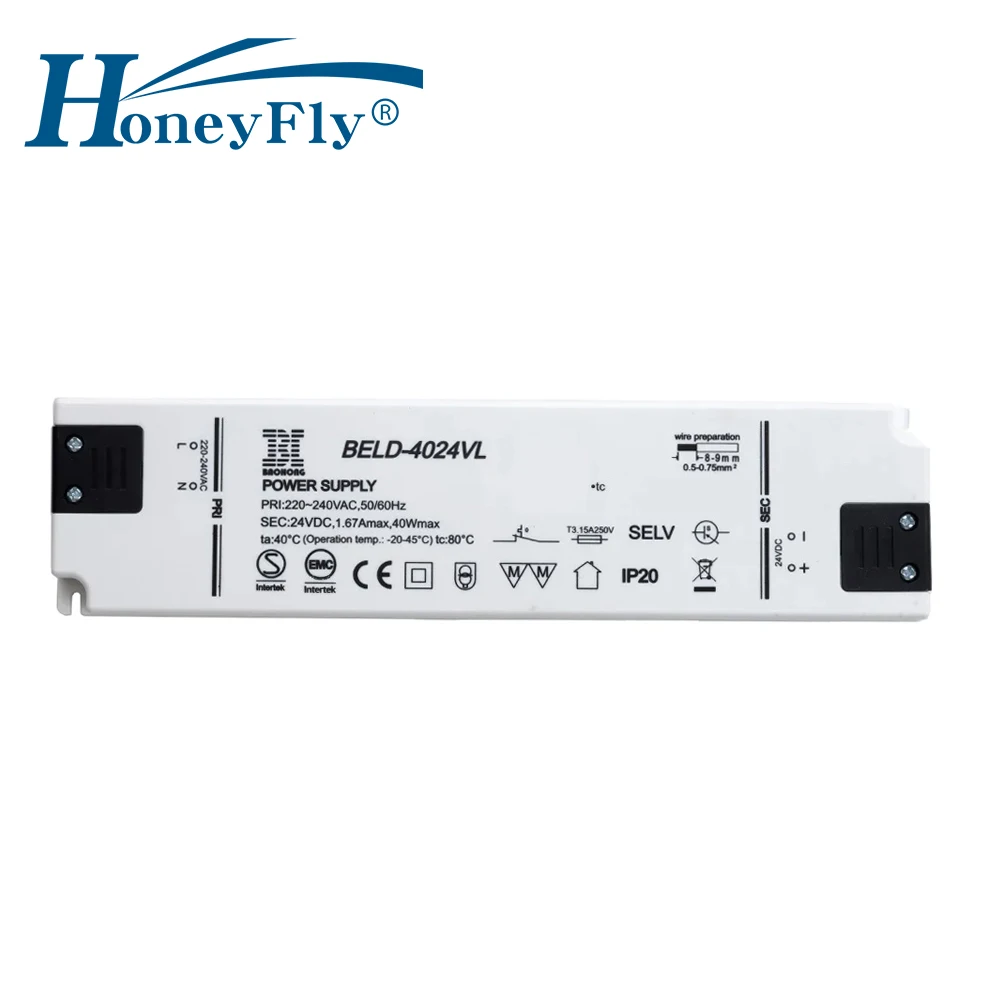 HoneyFly Patented Super Slim LED Driver 40W 220V 24V Constant Voltage Lighting Transformer AC DC Power Supply For LED Lights