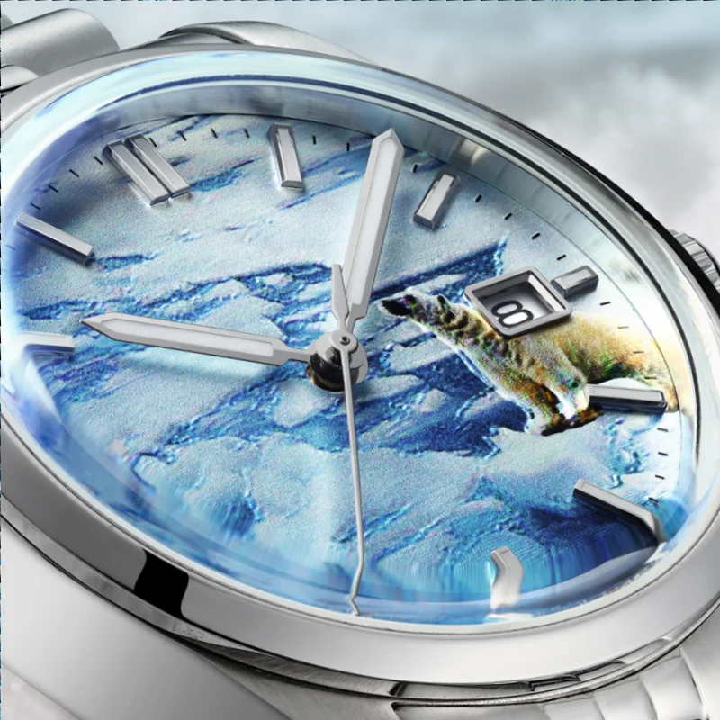 ADDIESDIVE AD2042 Automatic Mechanical Watch 100M Waterproof Glacier Dial Bubble Mirror Glass Calendar Men Luminous Watches