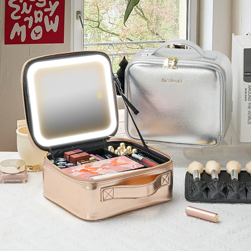 Makeup Case with Lighted Mirror Designed with Partitions Waterproof Makeup Train Organizer with 3 Adjustable Brightness Case