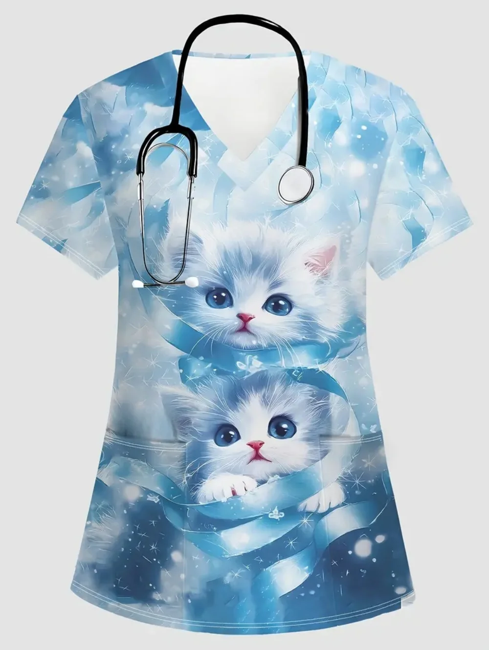 

Veterinary Cat Cartoon Print Medical Uniforms Woman Fashion V-Neck Pocket Healthcare Scrub Leisure Dentist Uniform Nurse Woman