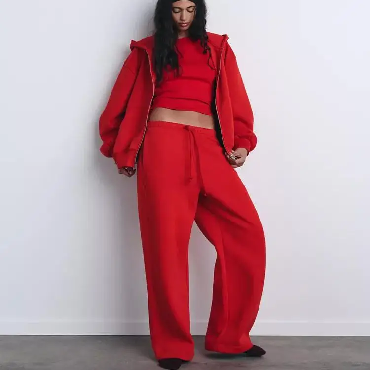 ربيع جديد المرأة عالية الخصر المخملية مستقيم الساق السراويل سستة مزين فضفاض البلوز مجموعة ملابس رياضية غير رسمية