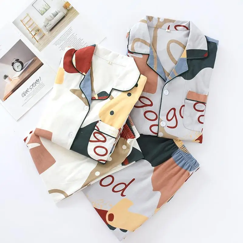 

Couples Cotton Pajamas Elastic Long Sleeve Long Pants Large Size Sweat Cloth Living Suit Thin Model Home Clothes Sleepwear