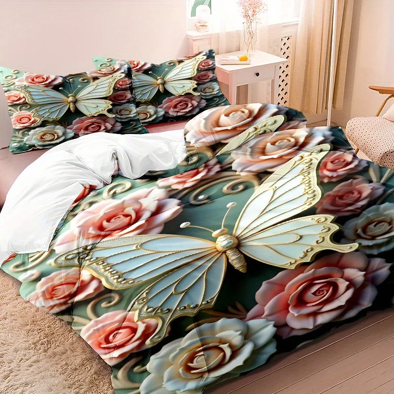 

3pcs 3D Butterfly Flower Duvet Cover Set, 1 * Duvet Cover + 2 * Pillowcases, No Insert, Ultra-Soft Comfortable Butterfly Pattern