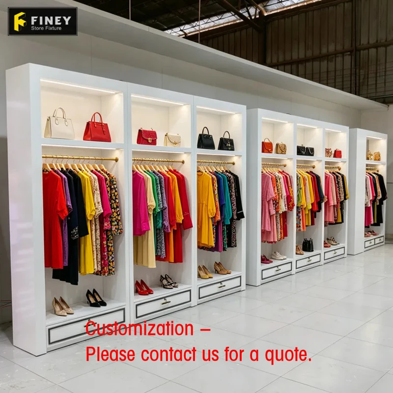 custom.Fashion Retail Boutique Shop Wall Cabinet Furniture Custom Wooden Clothes Display Racks Clothing Design