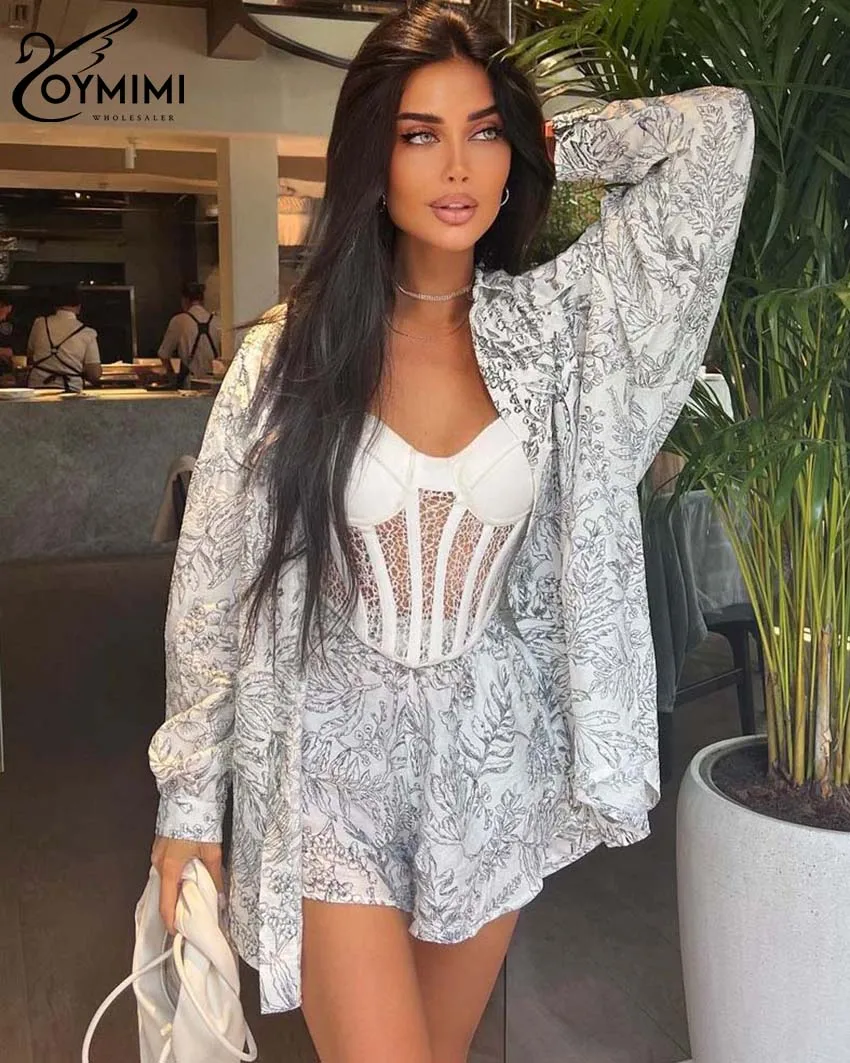 Oymimi Fashion White Print Two Piece Set For Women Elegant Long Sleeve Button Shirts And High Waisted Shorts Female Streetwear