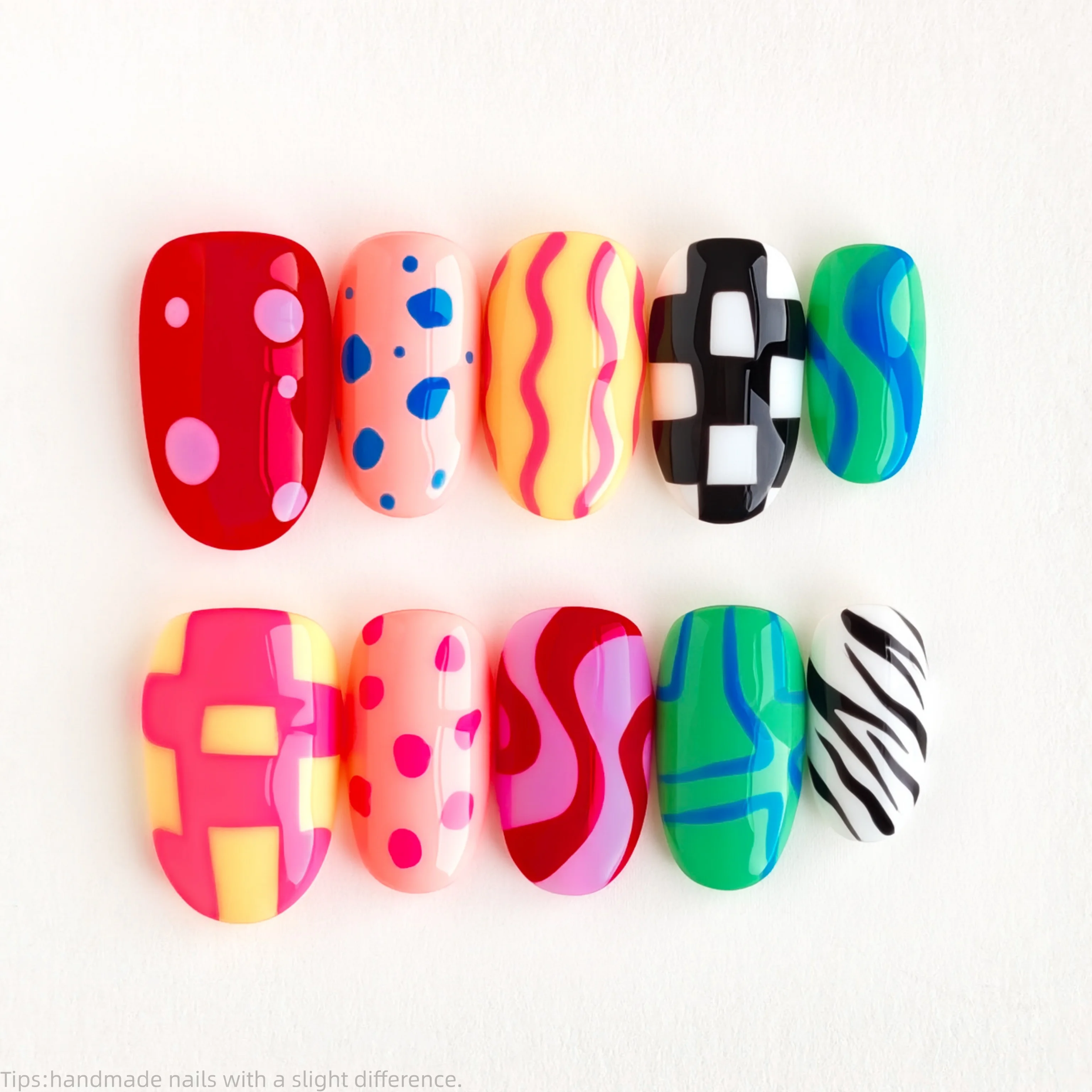 10pcs Handmade Multicolor Art Press On Nails Short Oval Spring Summer Trendy Y2K Fake Nails Geometric Pattern Decor False Nails