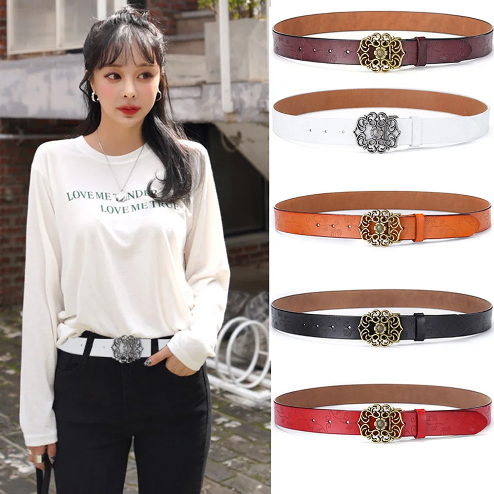 

Classic Women Belt 110Cm Debossed Flower Style Alloy Flower Shape Buckle Casual Business Jeans Pants