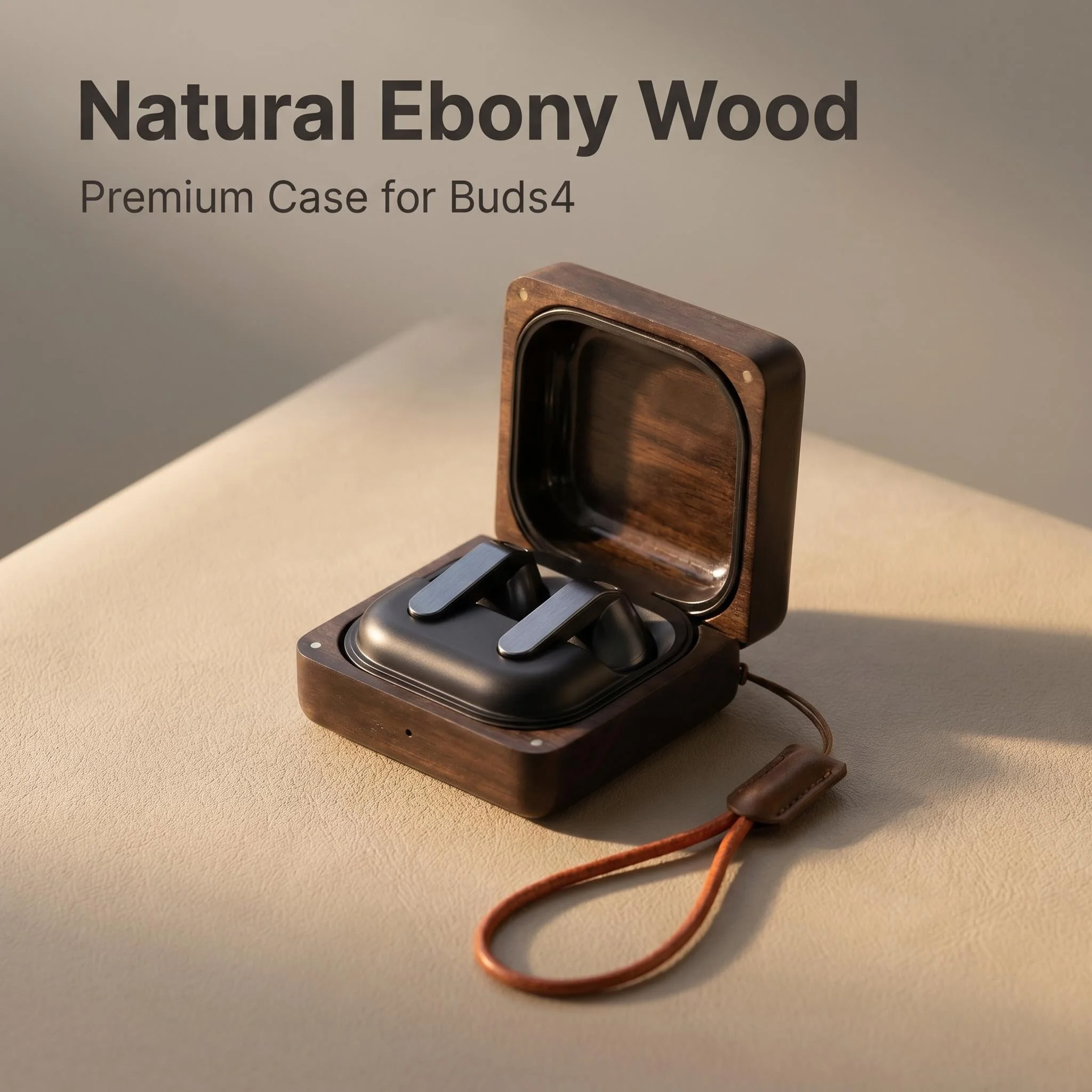 For Samsung Galaxy Buds4 Pro / Buds4 Ebony Wood Earbuds Case Full Cover Split Protective Case with Leather Lanyard