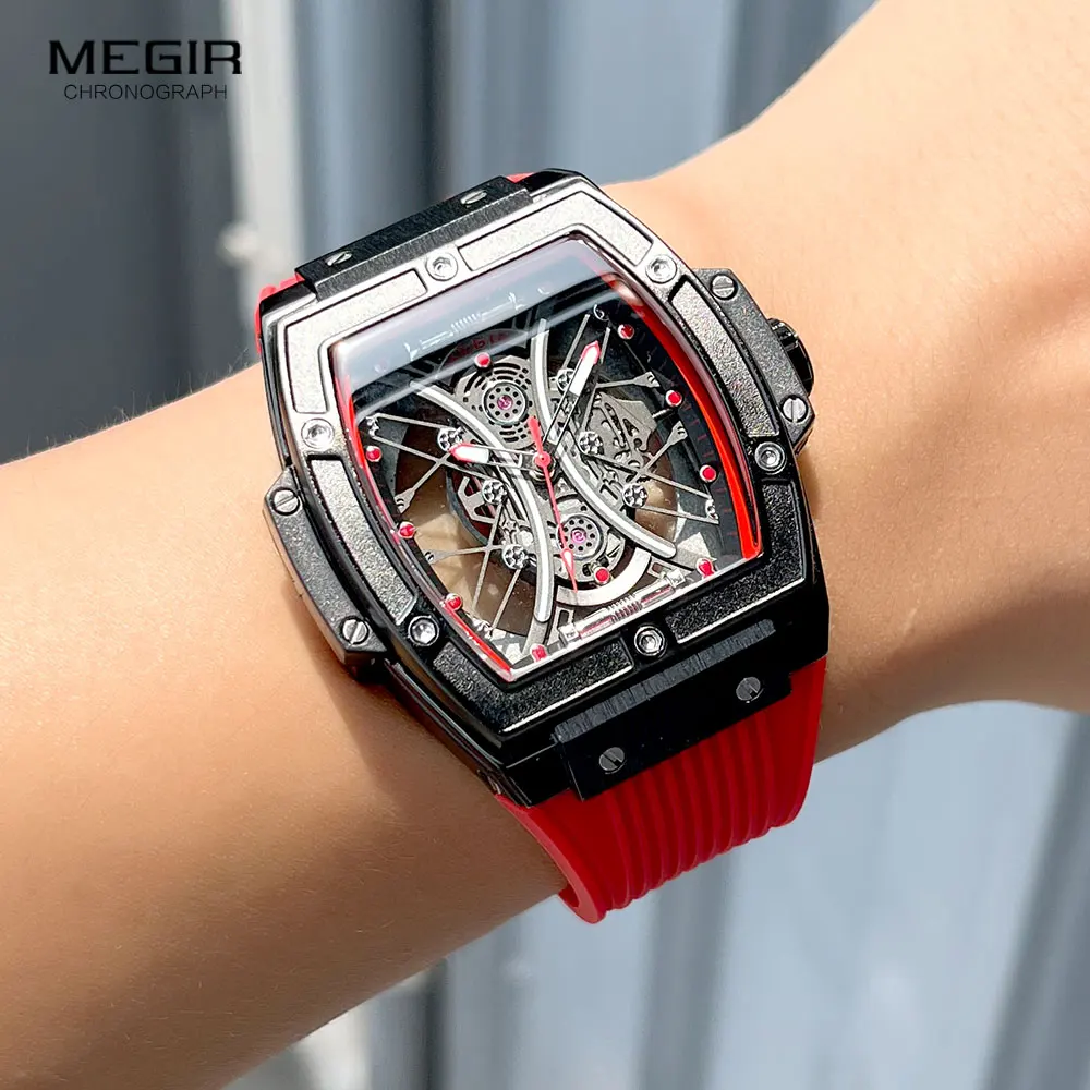 MEGIR Military Sport Red Watch Men Waterproof Analog Quartz Wristwatch with Tonneau Dial Luminous Hands Silicone Strap 8109