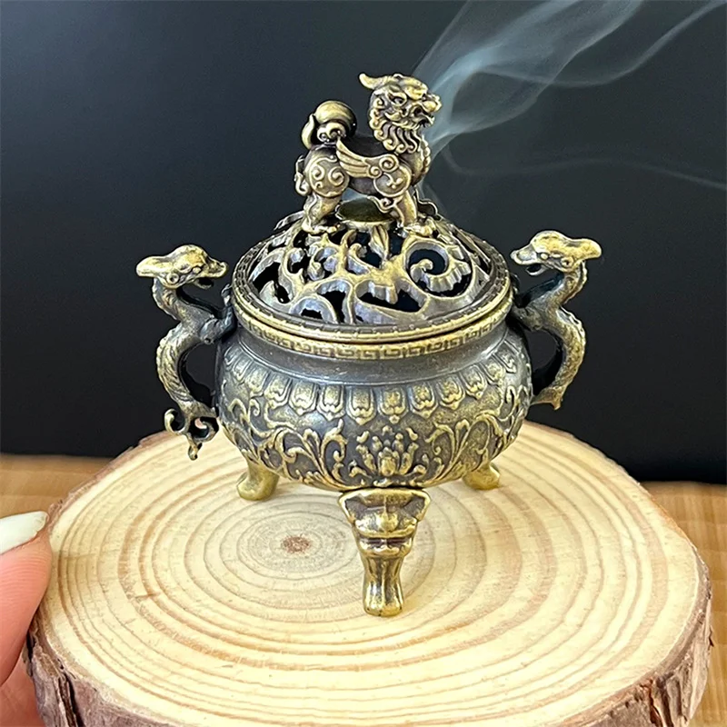 Antique Brass Pocket Lotus Jiuding Incense Hollow Incense Mini Ornaments Chinese Ancient Tea Desk Decor