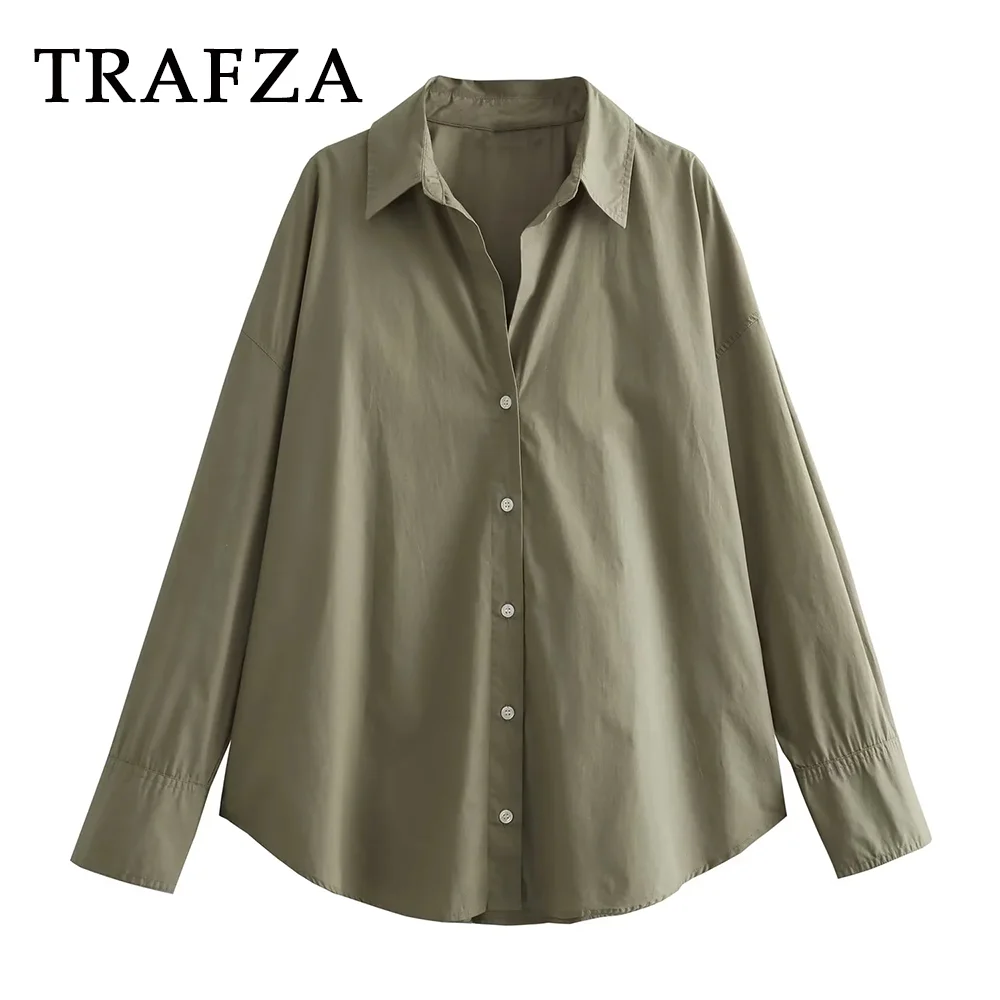 TRAFZA-camisa informal de popelina para mujer, camisa holgada a rayas con cuello vuelto, Estilo Vintage elegante, a la moda, para otoño e invierno, 2023