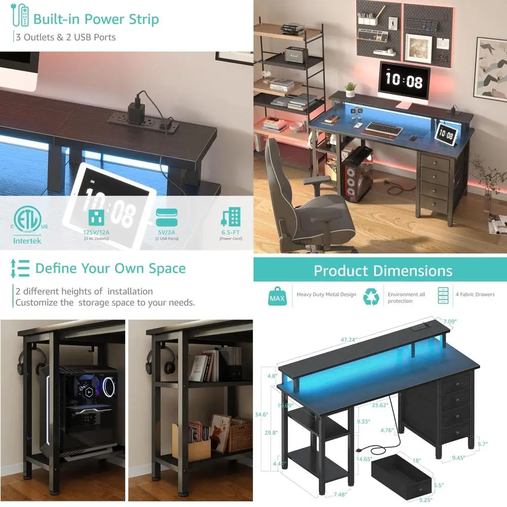 مكتب ألعاب أسود مُضاء بإضاءة LED مكون من 47 لونًا مع أدراج قماشية وأرفف تخزين ومنافذ طاقة