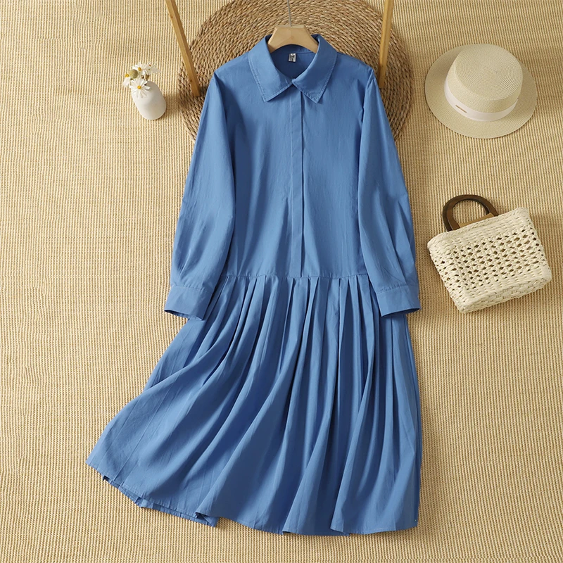 Artistic Cotton Long Sleeve Dress Women's Midi  Collar Pleated Shirt Dress Autumn New Style City Commute Low Waist A-Line...