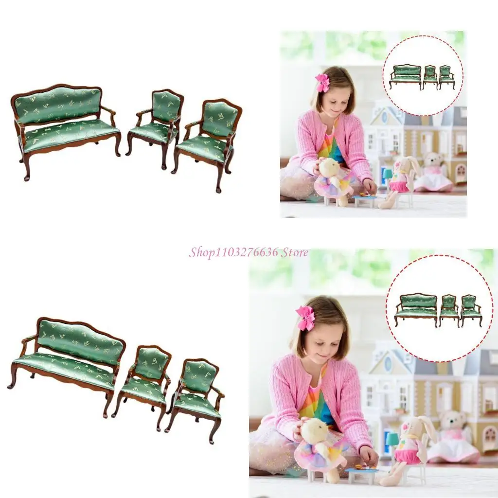 

R6FD Antique Doll House Модель с мягкой зеленой обивкой 3PEECES, установленные на дисплей с коллекцией жилой комнаты 1/12