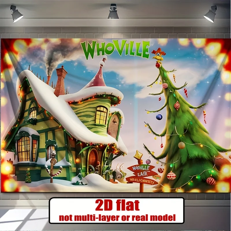 1 Stück Whoville 2D flaches Polyester-Partybanner – Wanddekorationen mit Weihnachtsmotiv, Schneehäuser und Weihnachtsbäumen