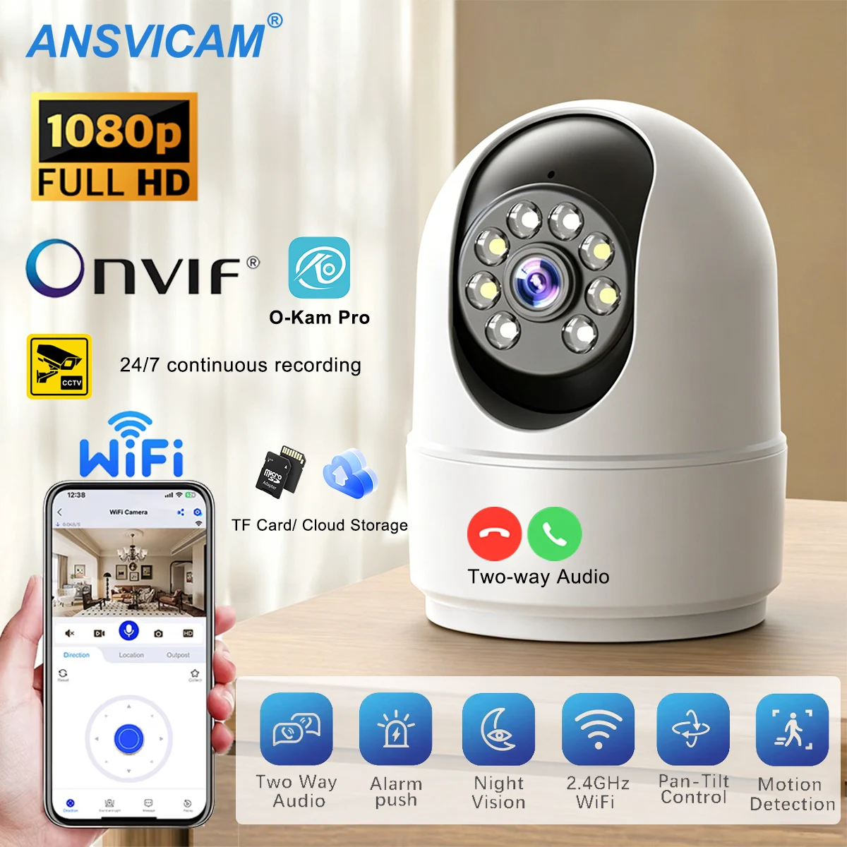 360° PTZ Pet Dog Camera – 2.4GHz WiFi Indoor, Two-Way Audio, Night Vision, Phone App, Home Baby Monitor