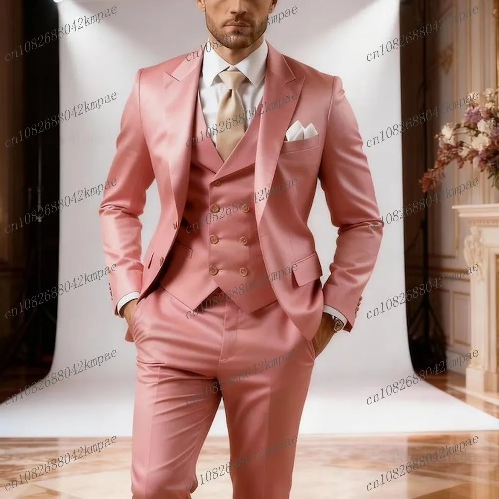 

Pink Acetate Satin Formal Men Suit Groom Groomsman Wedding Party Prom Business Male Tuxedos 3 Piece Set Blazer Veest Pants