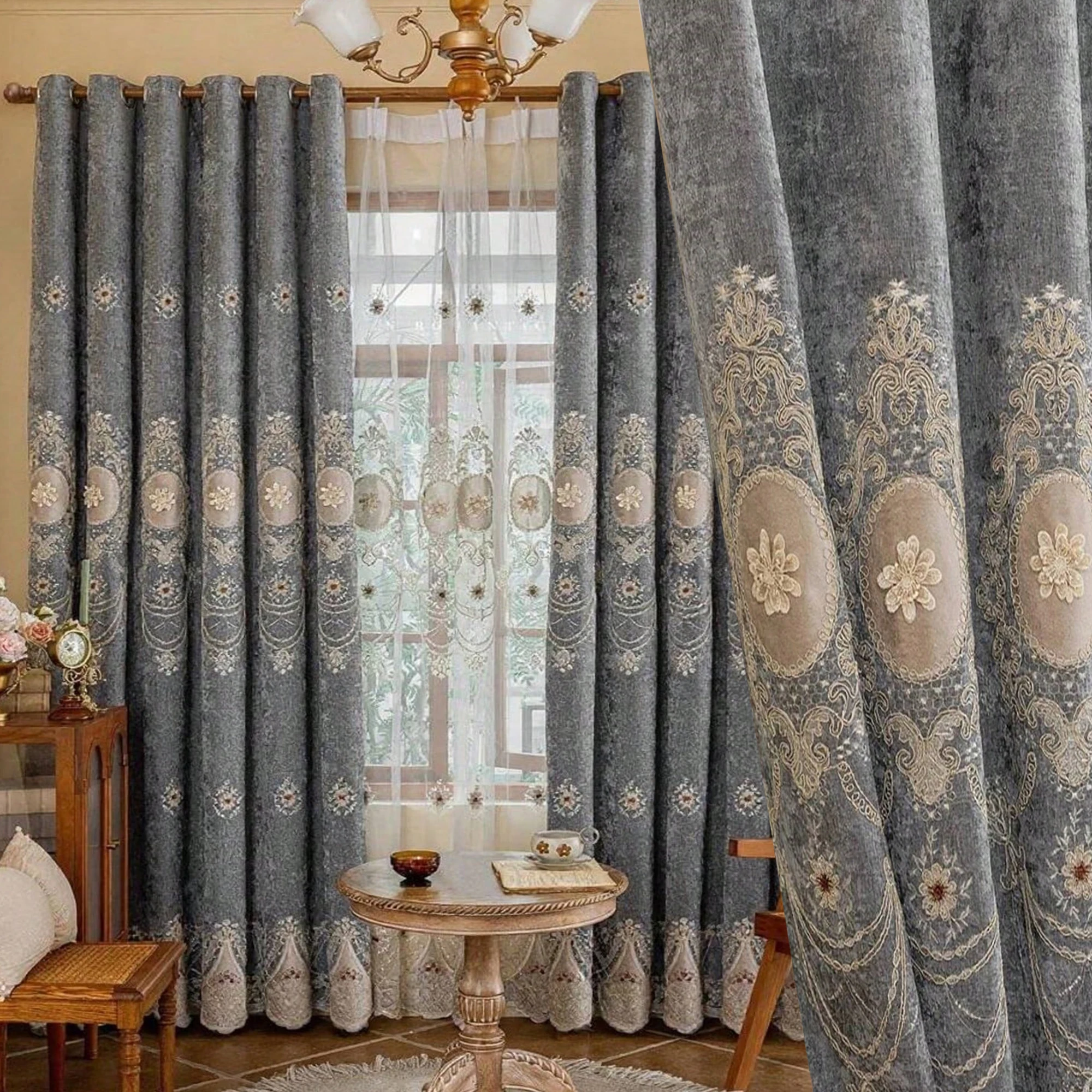 1pc Luxury European Style Chenille Floral Curtains,Light Blocking Embroidered Drapes for Living Room,Bedroom,High-End Home Decor