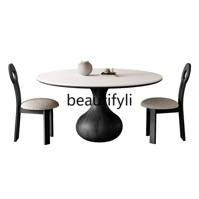 French retro style rock slab dining table with turntable Italian simple black medium and ancient style solid wood round table