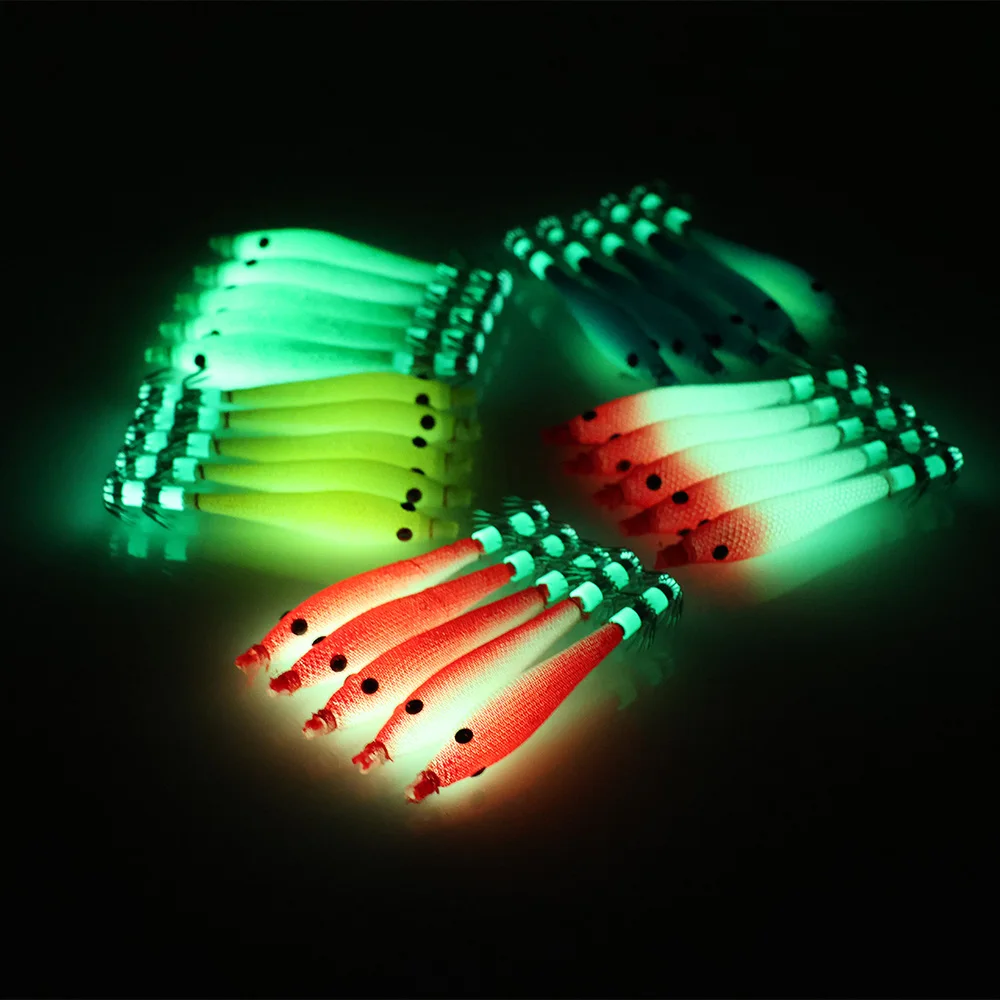 5 pcs 6cm 7cm 9cm 11cm Fluorescent Fishing Lures Squid Hook Jigs Cuttlefish Jigs Bait  Wood Shrimps Sea Fishing Tackle ﻿