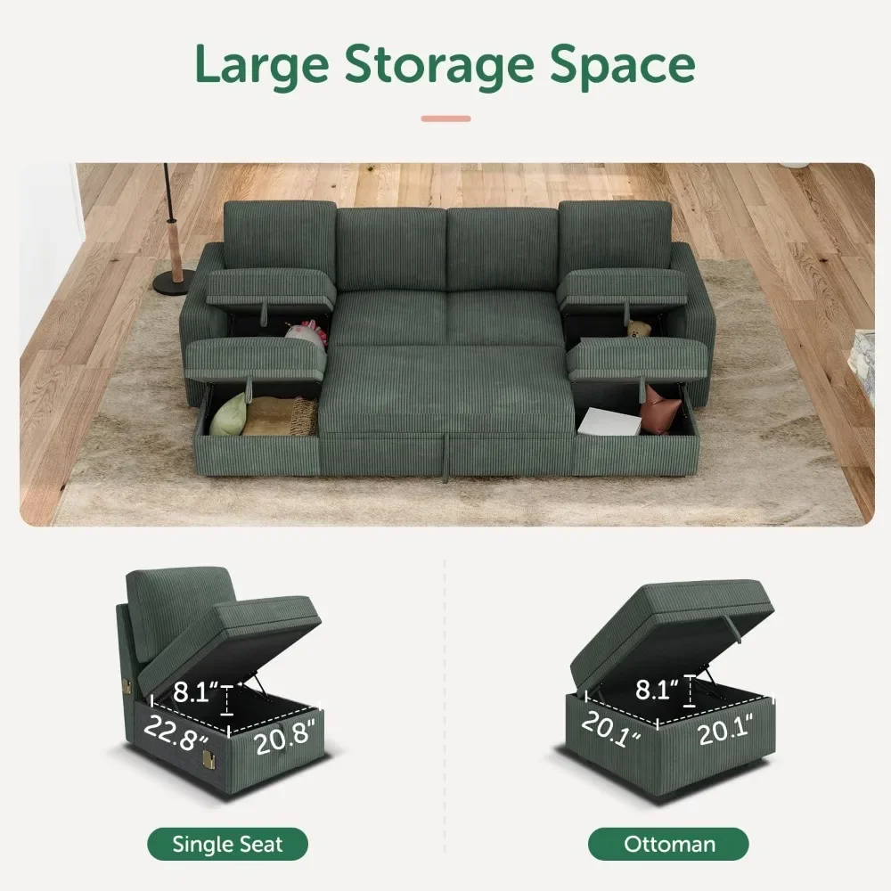 Sofa Bed Modular Sectional Sleeper , Corduroy Pull Out Couch  Storage Ottoman, U Shaped Sectional Couches for Living Room, Green