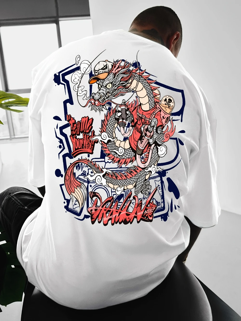 Casual Y2 Style Short-Sleeve T-Shirt Featuring Fun Young Dragon Graphic And Street Graffiti Featuring A Short Sleeve Design