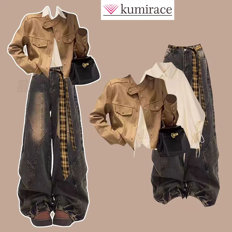 

Autumn and Winter Set for Women 2025 New Mirad Jacket, Inner Shirt, Retro slimming Jeans, Three piece Set baddie3 piece set