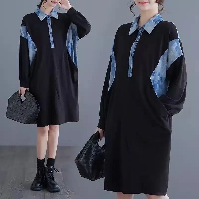 2024 Spring And Autumn Oversized Women's Patchwork Dress For Women Casual Style Loose Medium Length Shirt Dress Z4982