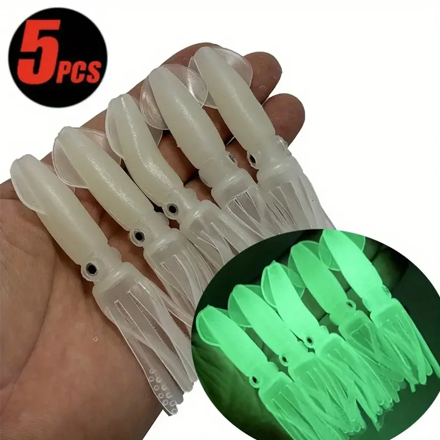 5pcs Glow in the Dark Squid fishing Lures Colorful Skirt Tail Skirt Hollow Squid Durable PVC Imitation Lure Soft Artificial Bait