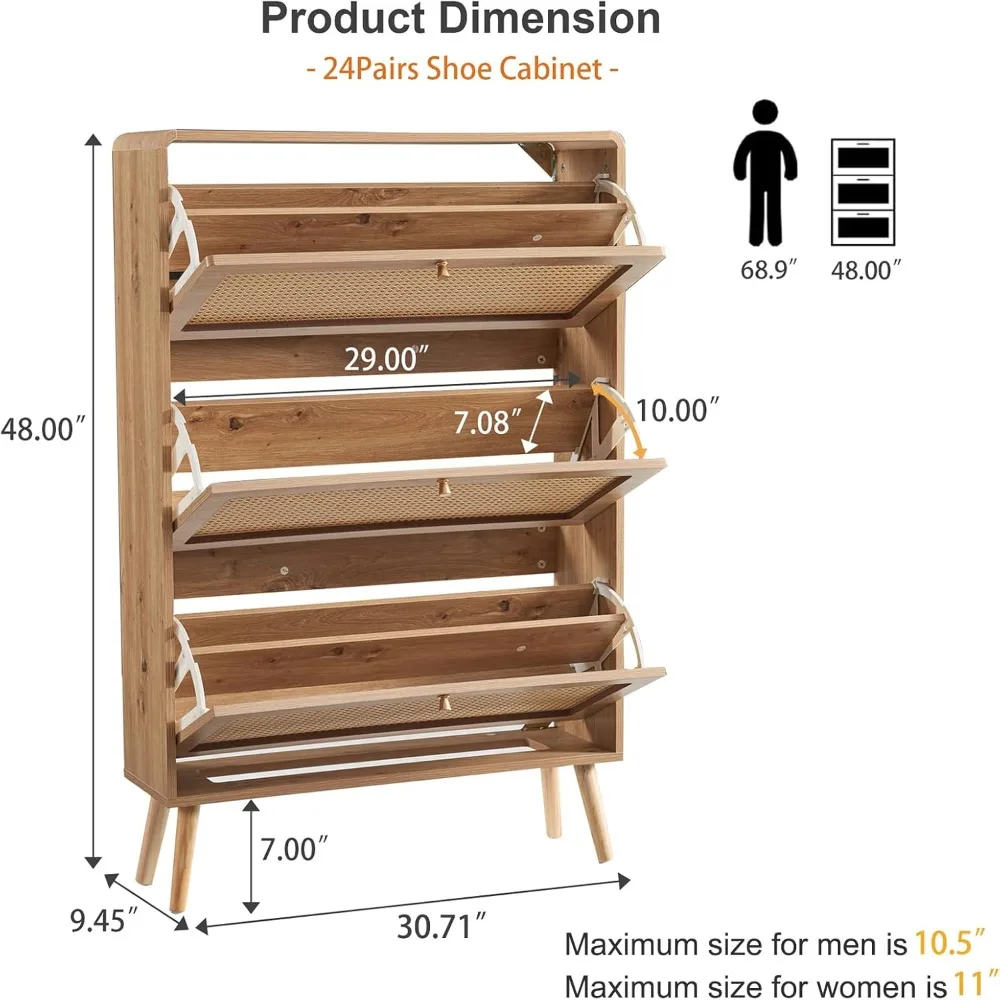 Rattan Shoe Cabinet with 3 Flip Drawers Set of 2, 48 Pairs Shoe Storage for Entryway Freestanding Hidden Shoe Rack