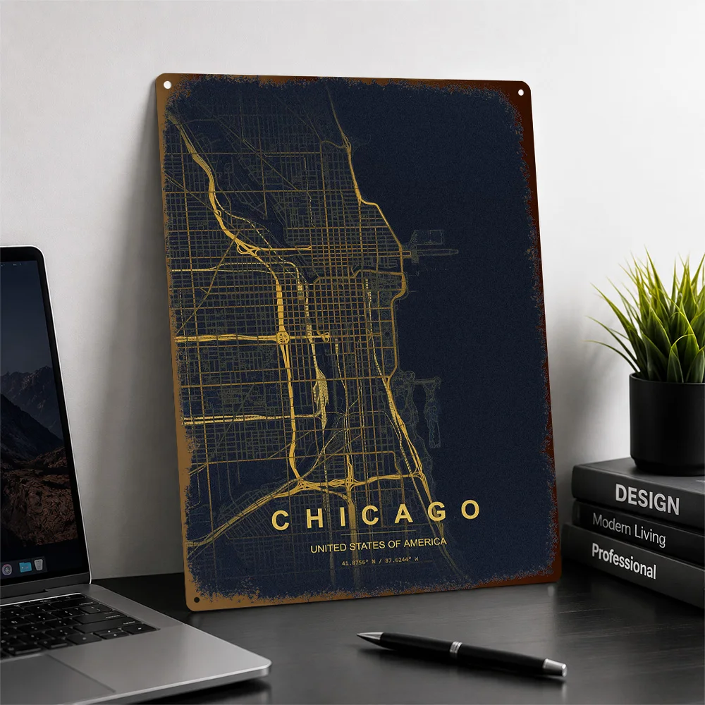 Minimalist Chicago City Street Map Aluminum Poster Personalized Metal Sign Urban Coordinate Style Wall Art For Workspace Decor