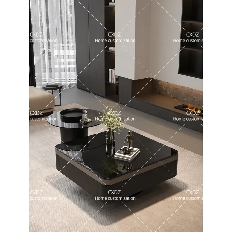 Modern Minimalist Pure Black Glass Coffee Table Set Square High End Living Room Home Furniture Simple Design Combination