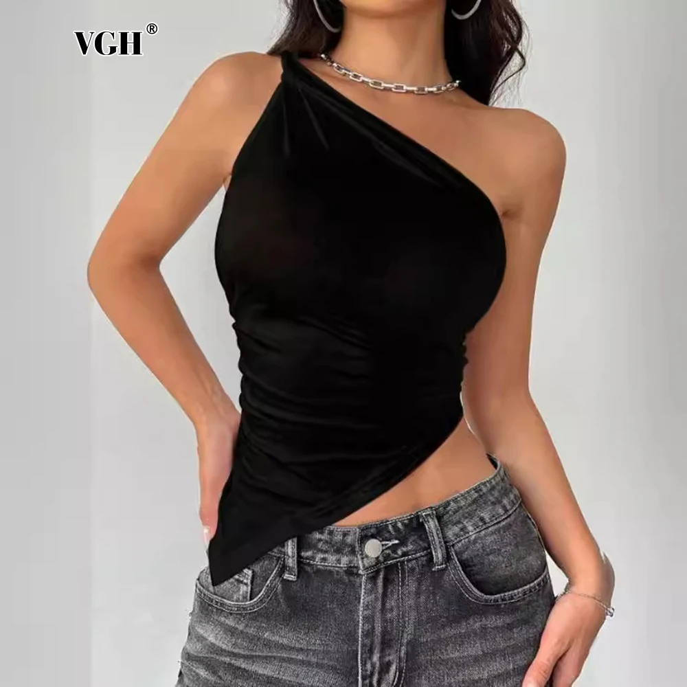 

VGH Solid Sexy Slimming Vest For Women Diagonal Collar One Shoulder Sleeve Backless Irregular Chic Tank Tops Female Fashion