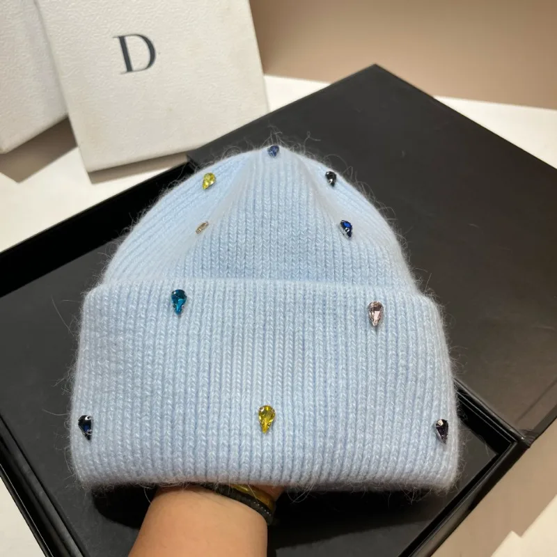 Shiny Fashion Warm Cashmere Wool Skullies Angola Rabbit Fur Winter Knitted Beanies Women Cap Female Three Fold Ski Outdoor Hats