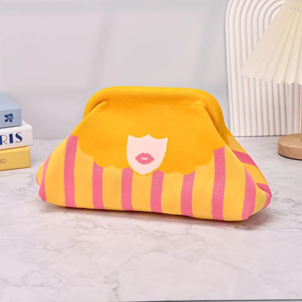 Damen Retro Lippen-Print Strick-Clutch, Orange-Schwarze Vintage-Handtasche für Casual- und Abendpartys, Lippenstift-Make-up-Tasche – Detail 8
