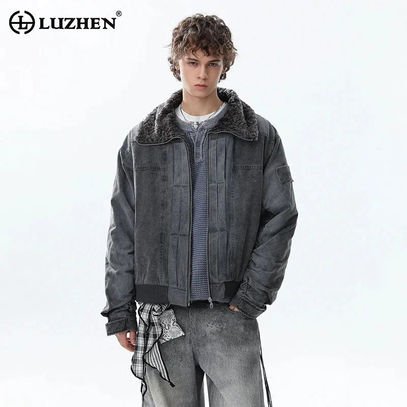 

LUZHEN Fashion Vintage Tie-dyed High Quality Fleece Stand Neck Denim Jacket Men's 2025 Winter Trendy Handsome Casual Coat JY5060