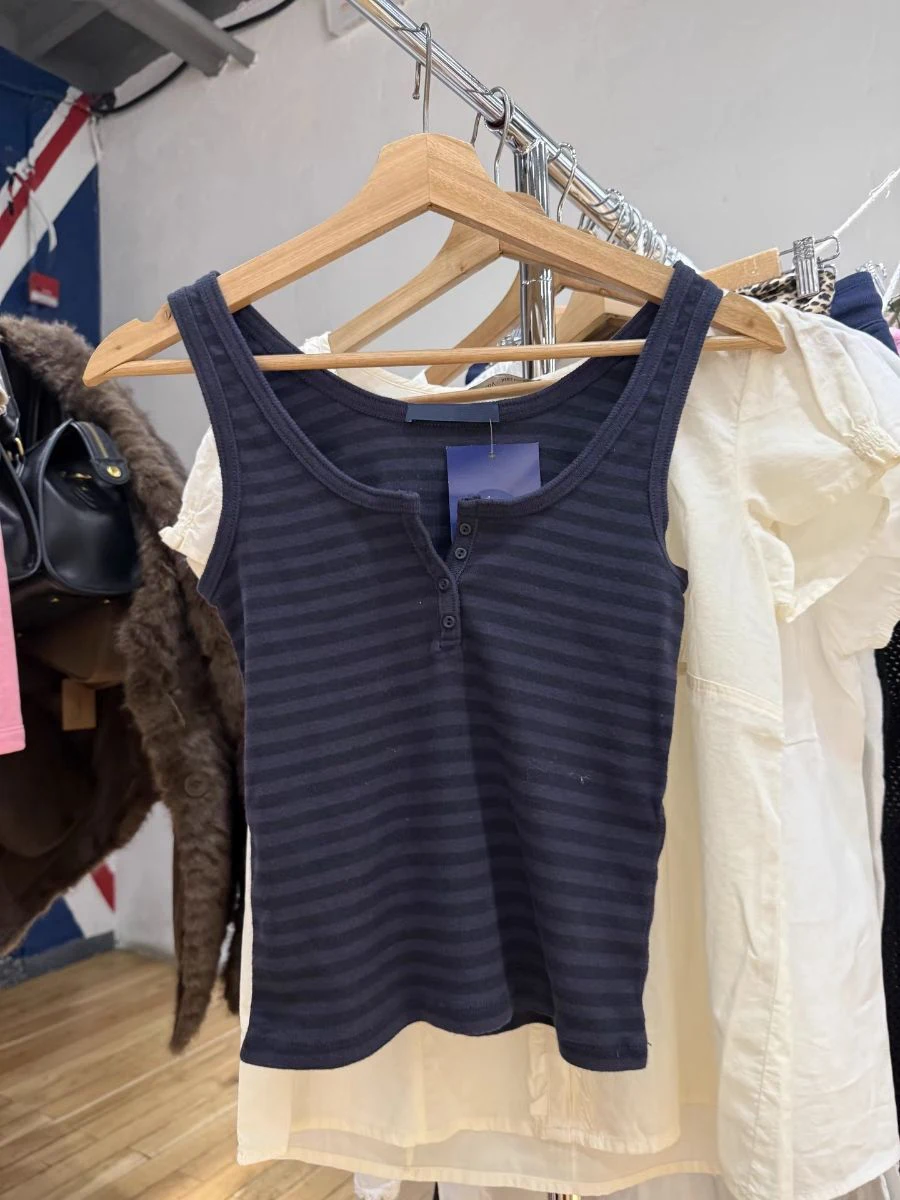 Navy Striped Slim Corpped Tank Top for Woman Summer Four Buttons U Collar Sleeveless Short Vest Female Vintage Cotton Crop Tops