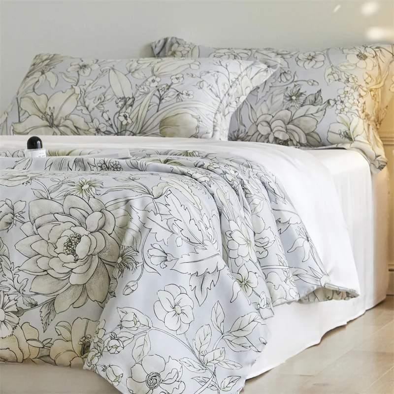 

600TC Lyocell Bamboo Fiber Soft Silky Summer Flowers Plant Print Bedding Set Duvet Cover Flat/Fitted Bed Sheet Pillowcases 3/4Pc