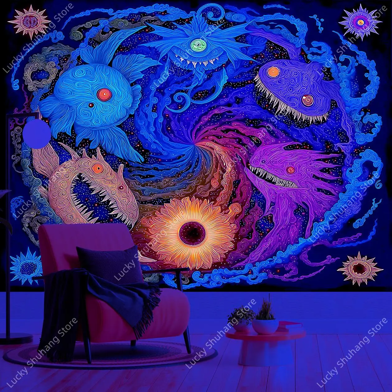 Vibrant Cosmic Vortex UV Tapestry with Glowing Core Monstrous Creatures and Starry Space for Fantasy Room Bedroom Decor