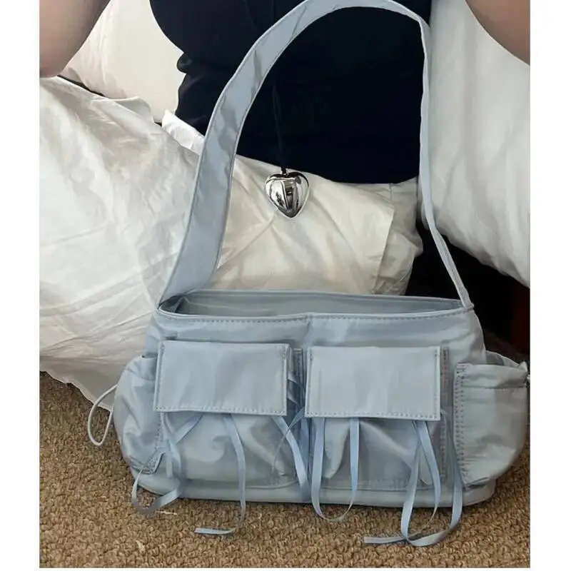 

Bloom Nylon Blue Shoulder Bags Purse Women New Hot Girls Pocket Chic Casual Handbag Female Haruku Aesthetic Underarm Bag Y2k