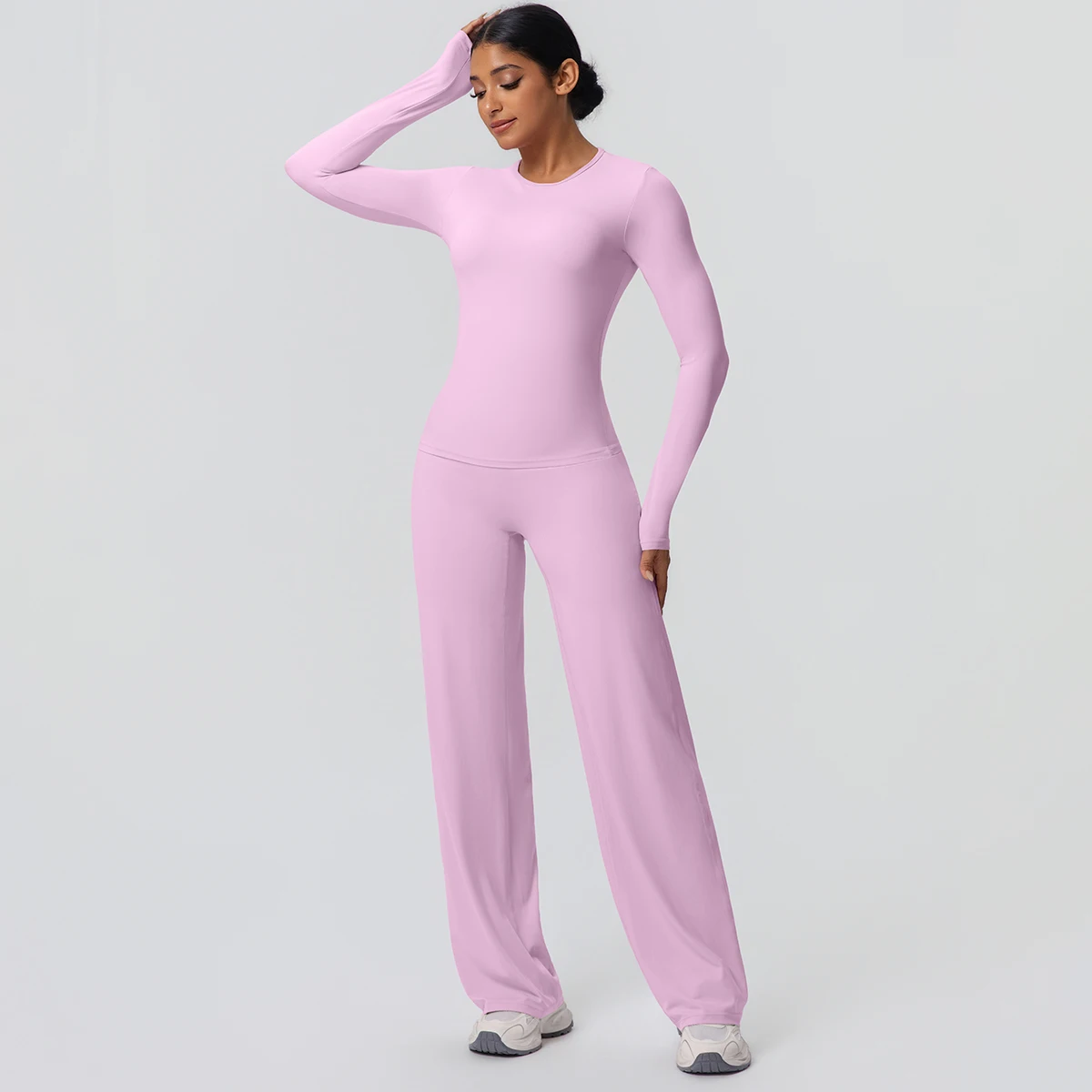 Conjunto de Yoga y gimnasio para mujer, camisas ajustadas de manga larga para correr, Top de entrenamiento de secado rápido, pantalones de pierna ancha de estiramiento alto, conjunto de Yoga fino, 2 piezas