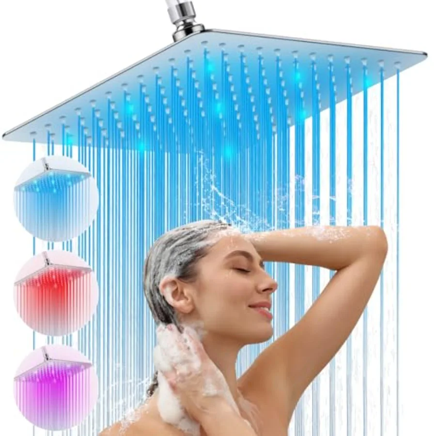 

LED Shower Head " Large Light Up Shower Head with Color Changg Lights and 360°Adjustable Brass Ball Jot High Pressure Rafall Sq