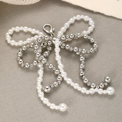 2Pcs/Set Handmade Double Layered Charm Shoe Buckle Silver White Color CCB Pearl Bowknot Bead Key Chain Bags Pendant Accessories